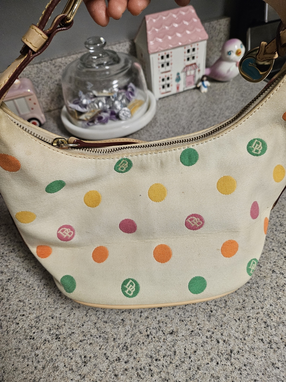 Dooney & Bourke Cream Shoulder Bag with Multicolor Polka Dots - Picture 7 of 16